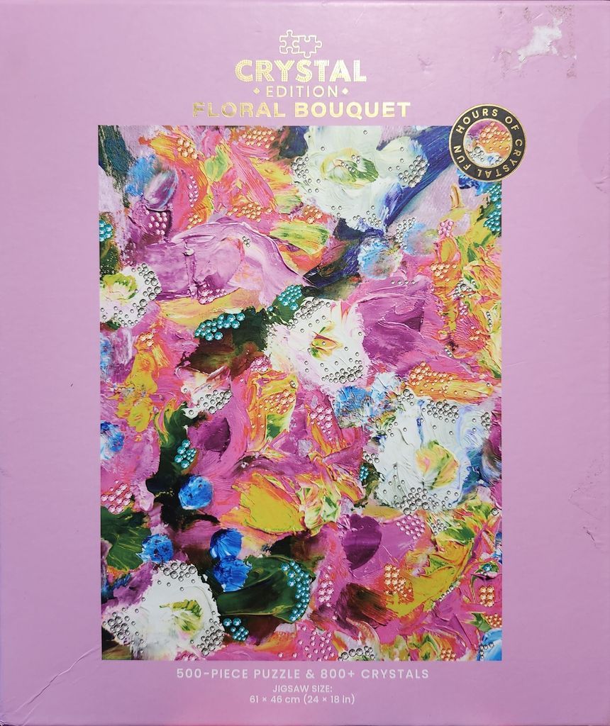 An abstract oil painting of a vibrant floral bouquet embellished with sparkling clear, pink, and blue crystals.