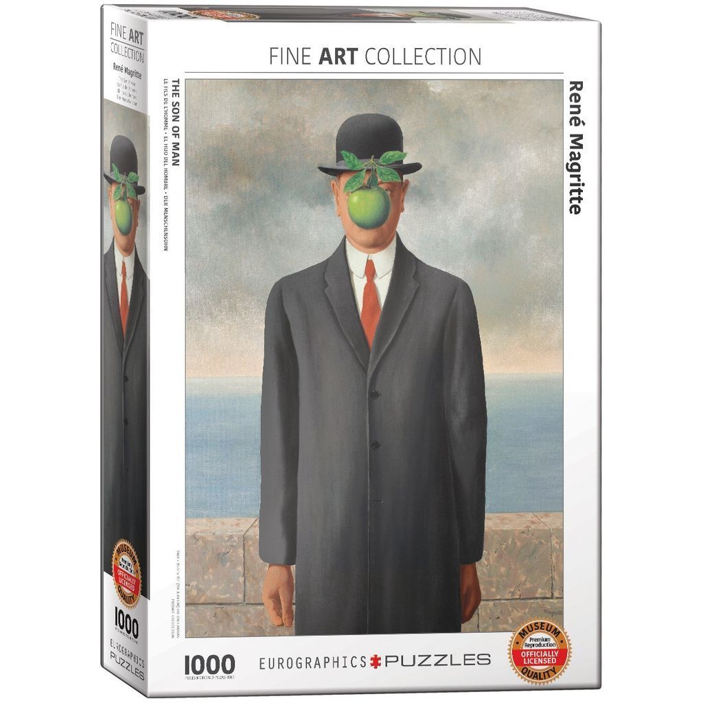 René Magritte’s surrealist painting The Son of Man featuring a man in a bowler hat with his face obscured by a floating apple
