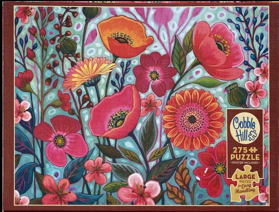 A vibrant, painterly illustration of colorful wildflowers against a soft teal background.