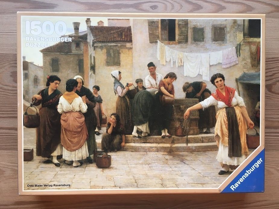 Oil painting of a group of people gathering around a stone well in a European village courtyard.