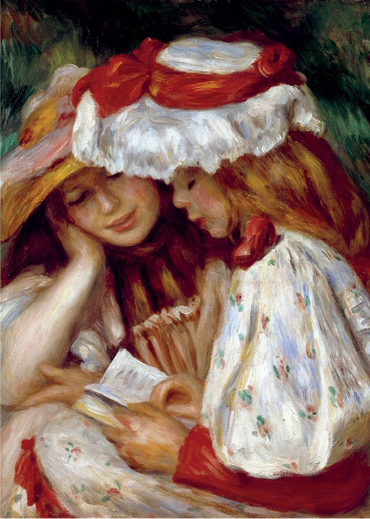 Two young girls with auburn hair wearing ornate bonnets and reading a book together in a soft, impressionistic style.