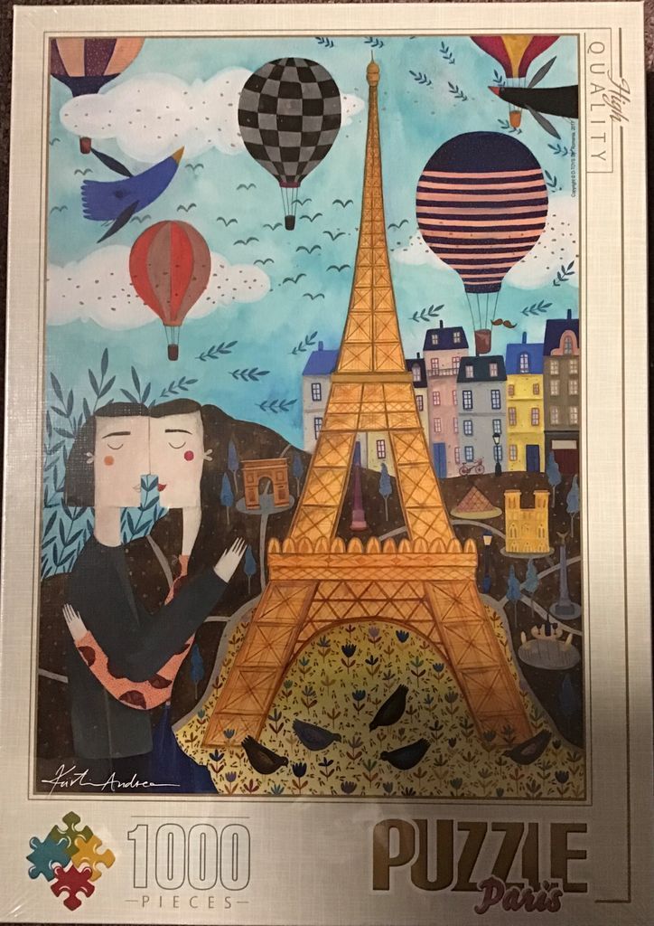 Stylized illustration of a couple kissing in front of the Eiffel Tower with hot air balloons in the sky.