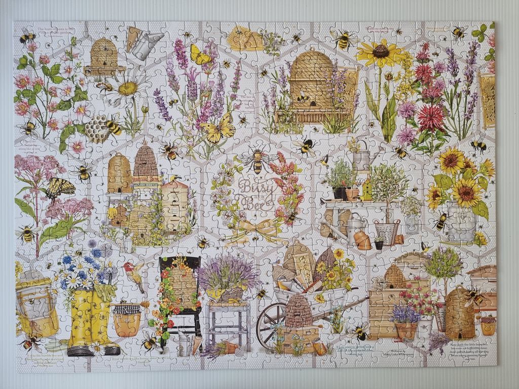 Illustration of bees, beehives, and garden flowers in a hexagonal grid pattern.