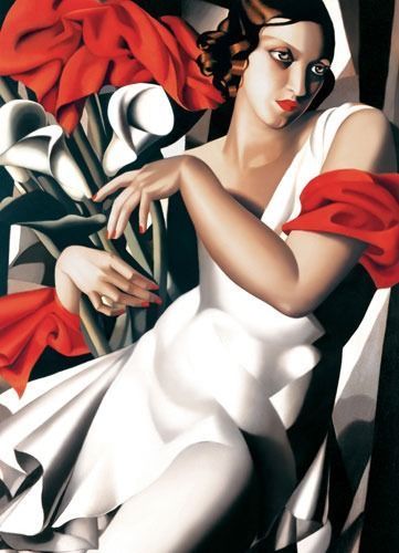 Art Deco-style portrait of a woman in a white gown posing with red flowers and calla lilies.