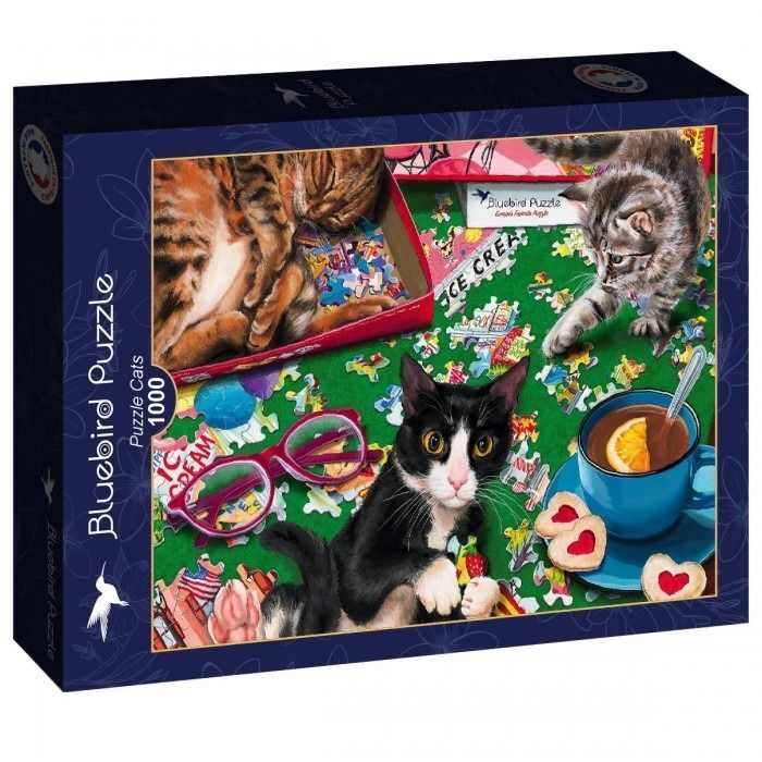 Three cats interacting with jigsaw puzzle pieces and snacks on a green background.