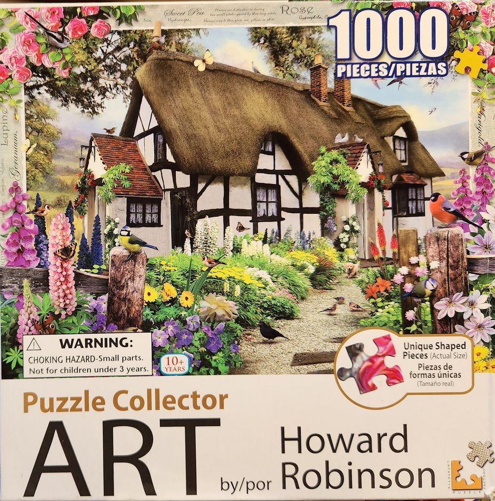 A thatched-roof English cottage surrounded by a lush, bird-filled flower garden in a vibrant illustrative style.