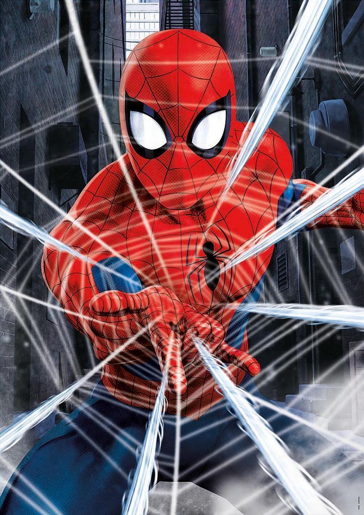 A close-up illustration of Spider-Man shooting webs in a dark city alleyway.