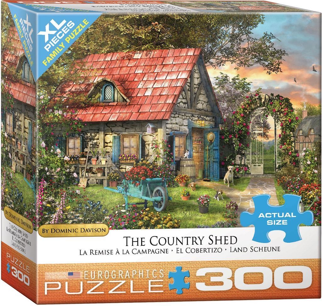 A stone cottage with a red tiled roof, surrounded by a lush garden, flowers, and two dogs under a sunset sky.