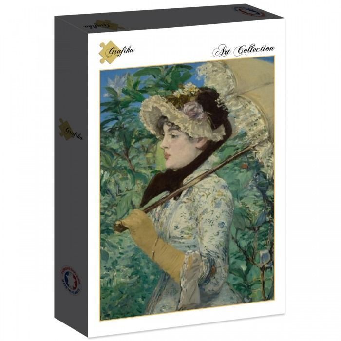 Painting of a woman in a floral dress and wide-brimmed hat holding a parasol in a garden.