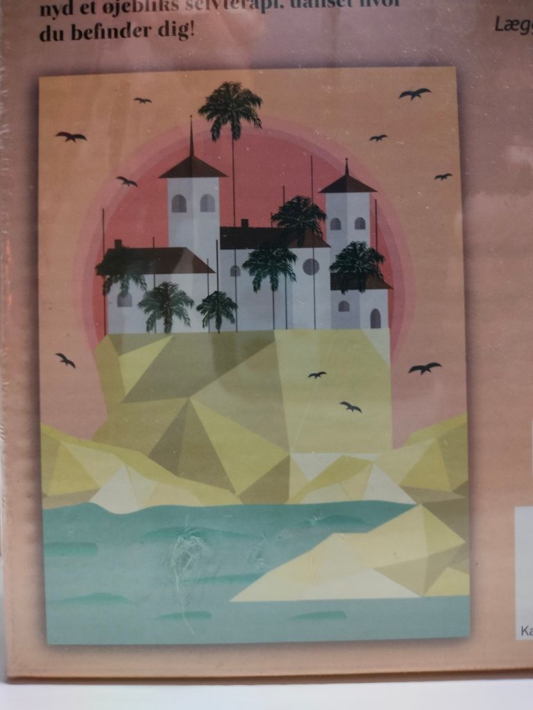 Minimalist illustration of a white villa with palm trees atop a geometric cliff at sunset