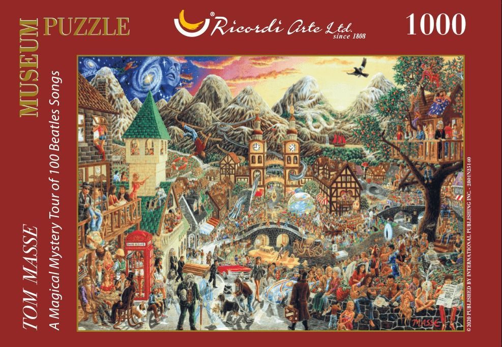 An illustration of a bustling town scene filled with numerous figures, surreal imagery, and references to Beatles songs.