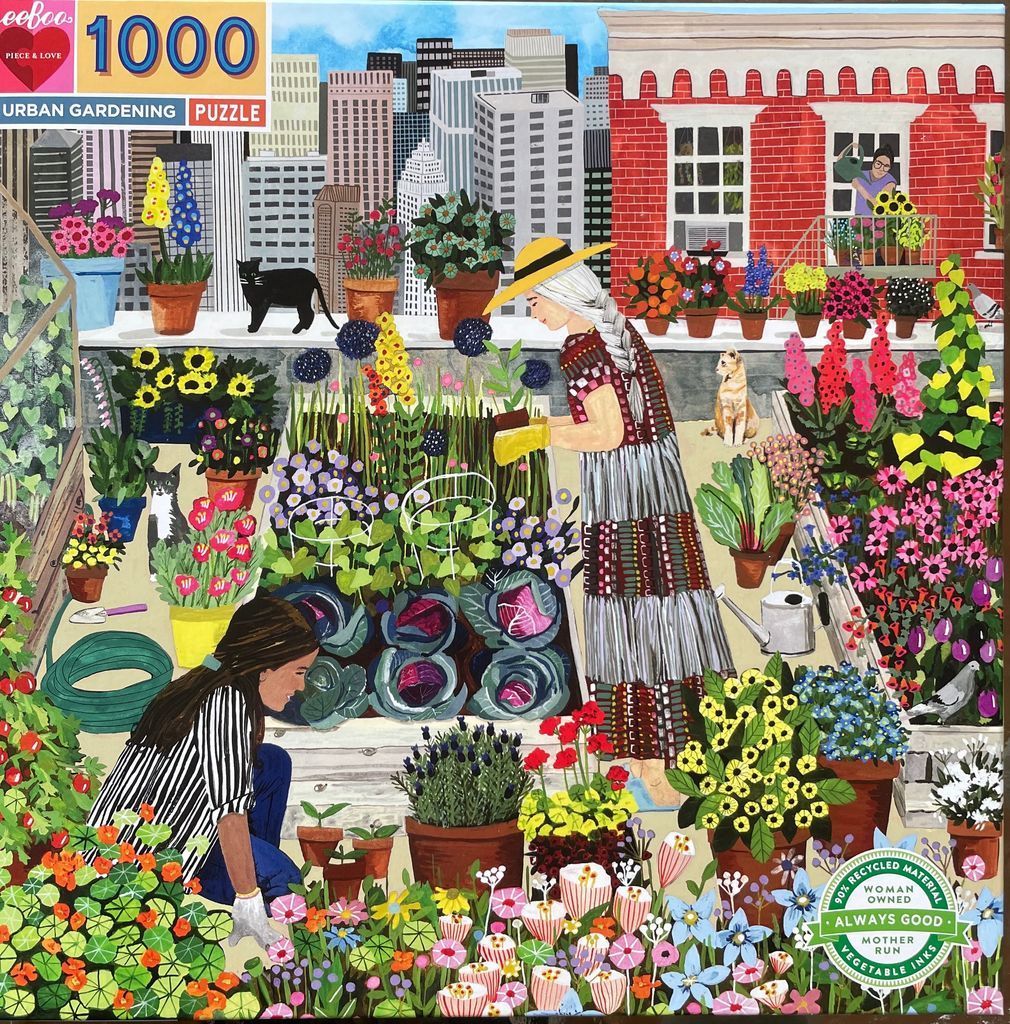Two women gardening in a rooftop oasis surrounded by potted plants and a city skyline backdrop.