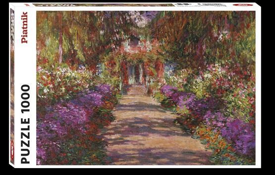 An impressionist oil painting of a garden path leading toward a house covered in lush, overgrown foliage.