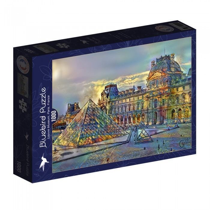 Artistic rendering of the Louvre Museum with its glass pyramid illuminated at twilight