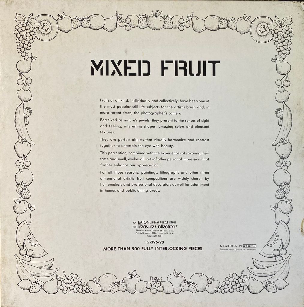 Black and white illustration of "Mixed Fruit" with various fruits, including bananas, apples, grapes, strawberries, and watermelon slices.