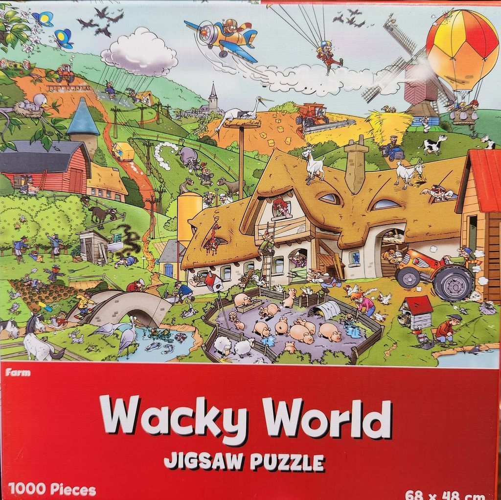 A busy cartoon illustration of a chaotic farm scene with various humorous activities and animals.