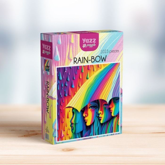 Stylized artwork of people in a colorful rainstorm under a vibrant rainbow umbrella.