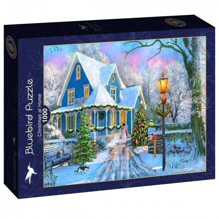 A cozy blue Victorian-style house decorated for Christmas, surrounded by snow, a glowing lamppost, and evergreen trees.