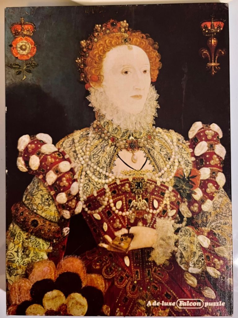 A formal portrait of Queen Elizabeth I wearing a richly decorated gown, pearls, and a large ruff collar.