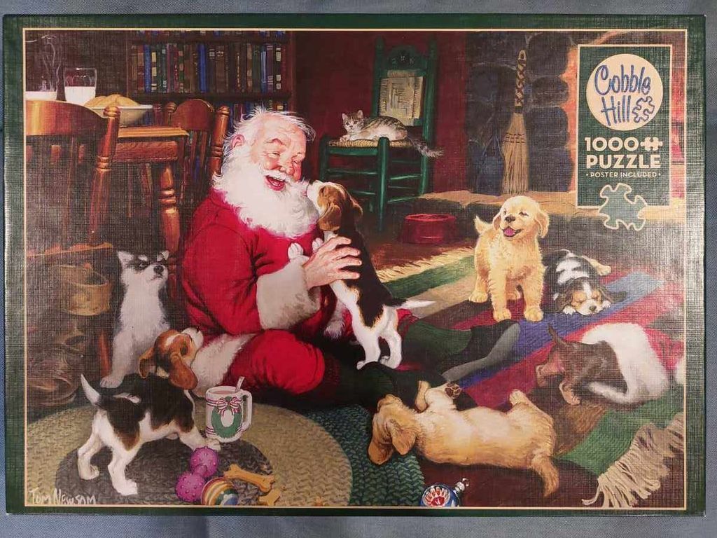 Santa Claus sitting on a rug surrounded by several playful puppies and a cat in a cozy room.