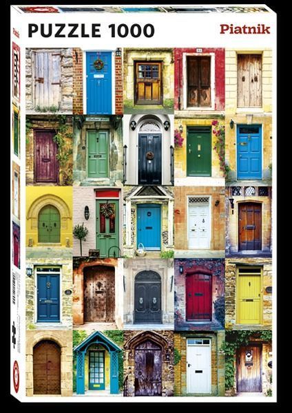 A collage of twenty different colorful European-style doors set into various stone and brick walls.