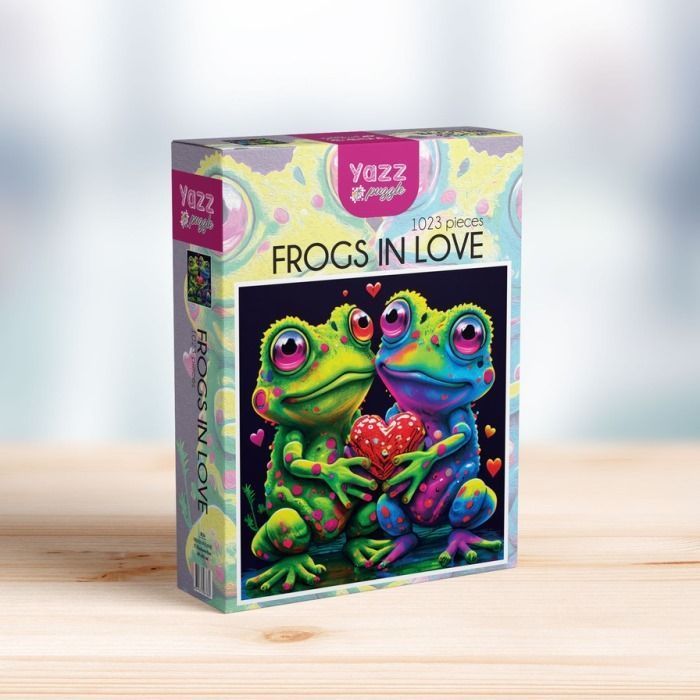 Digital illustration of two colorful, cartoonish frogs holding a red heart against a dark background.