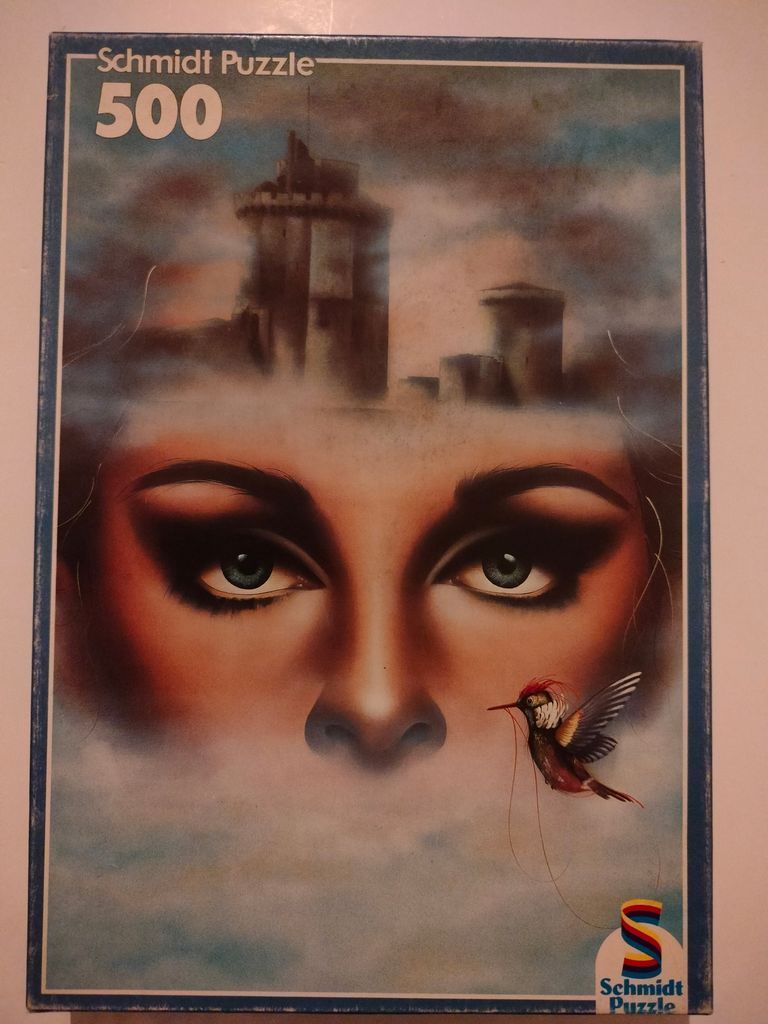 Surreal illustration of a woman's eyes emerging from clouds below a stone castle with a small hummingbird nearby.