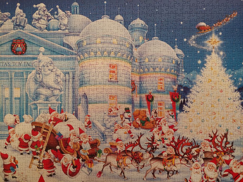 Santa's Toy Factory with elves, reindeer, and a sleigh against a snowy, festive backdrop.