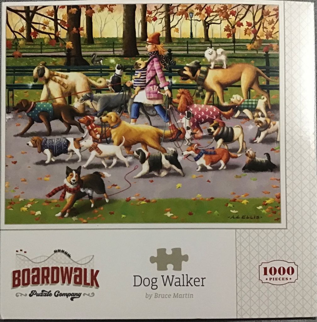 An illustration of a woman walking a large group of dogs of various breeds through an autumn park.