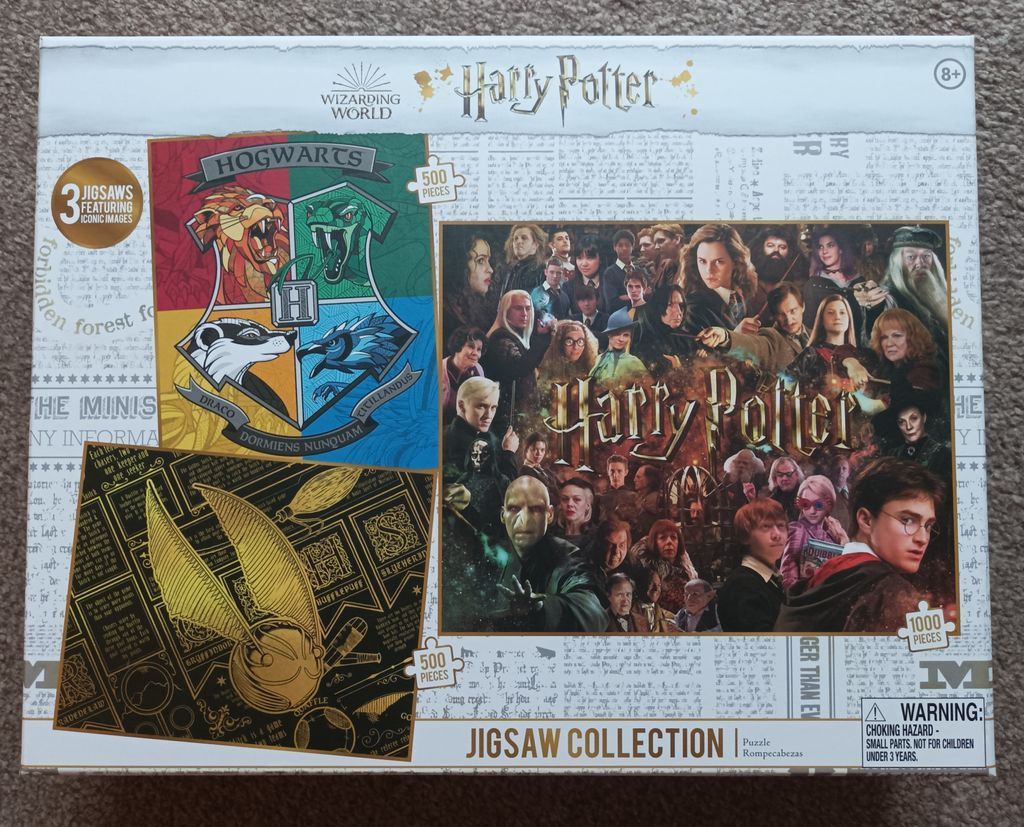 Collage of Harry Potter imagery featuring the Hogwarts crest, a golden snitch, and a character montage.