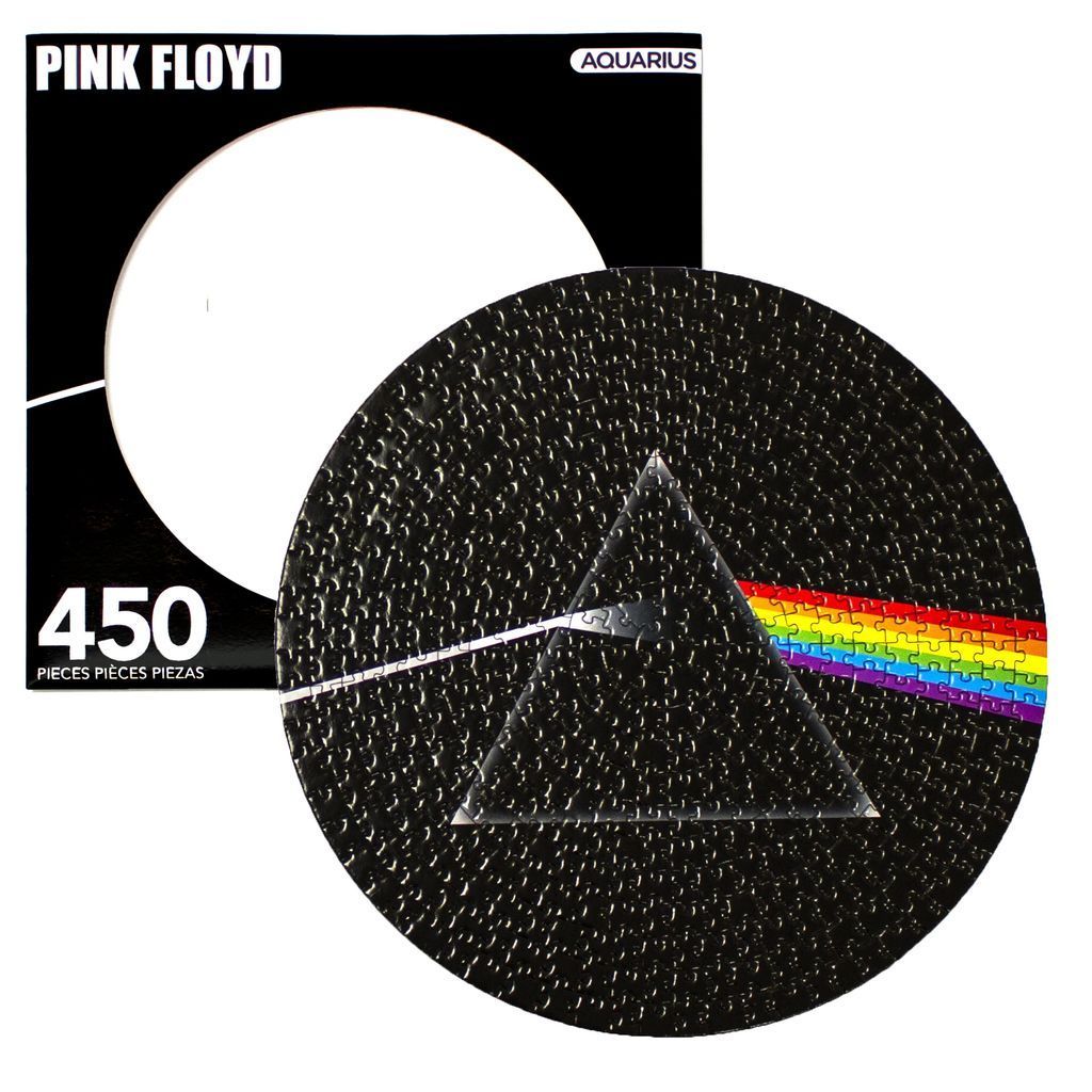 A circular image of the iconic Dark Side of the Moon prism graphic with a beam of white light refracting into a rainbow.