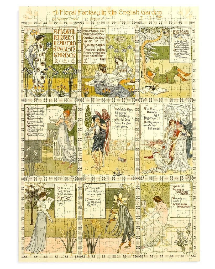 Art Nouveau illustration featuring nine panels titled A Floral Fantasy in an English Garden by Walter Crane.