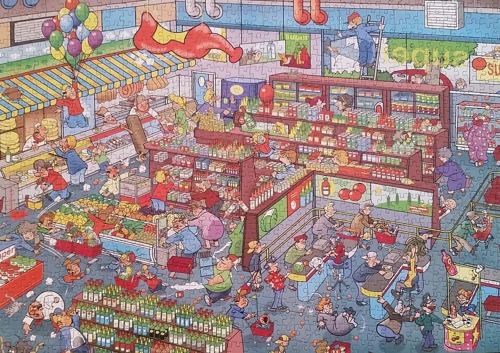 A chaotic, humorous cartoon illustration of a bustling supermarket scene