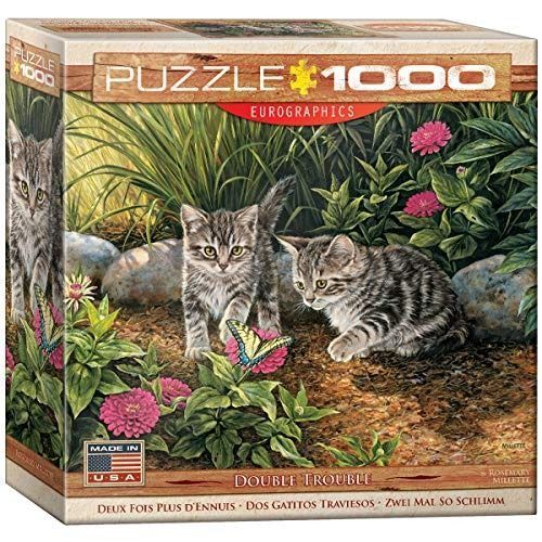 Two tabby kittens and a third kitten in a garden with a yellow swallowtail butterfly.