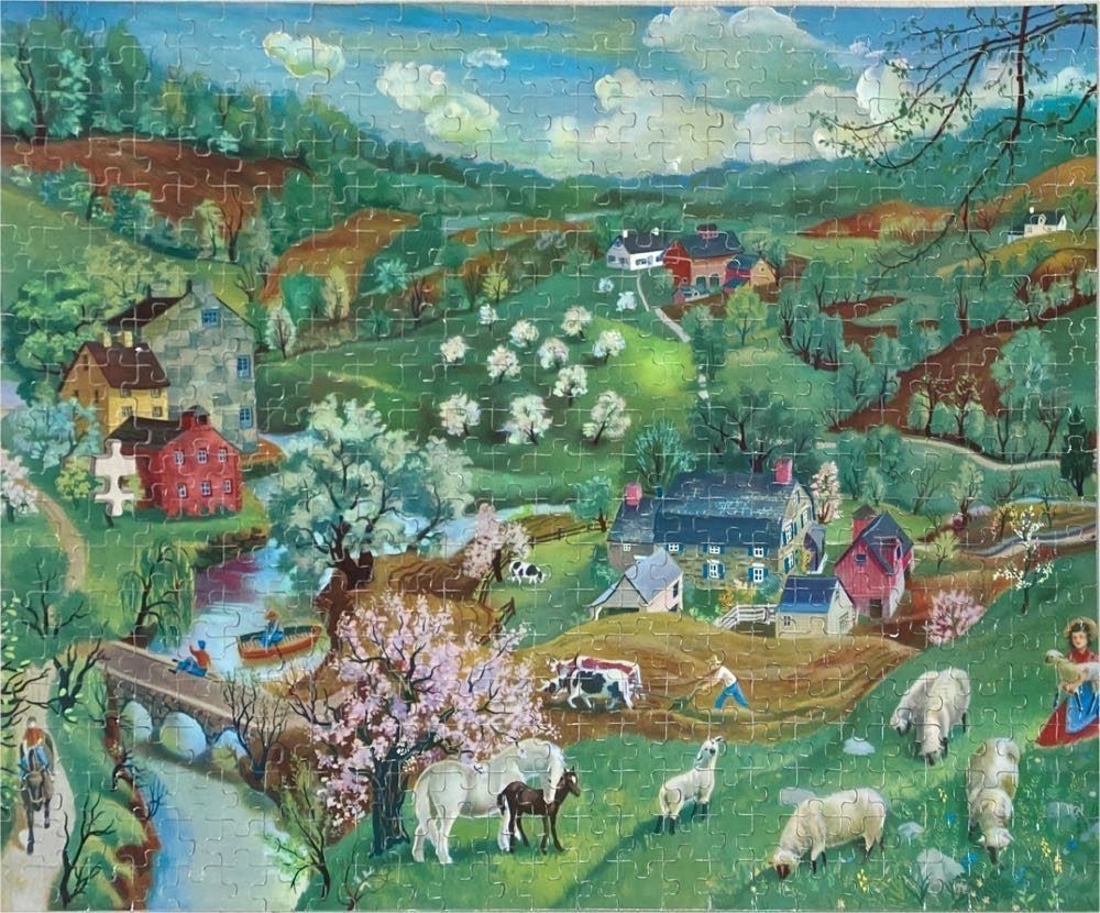 An idyllic folk-art painting of a rolling countryside with farmhouses, a river, and grazing livestock.