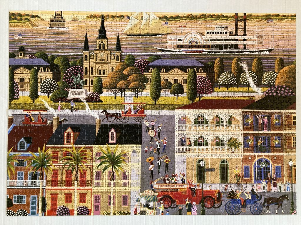 Illustration of a lively New Orleans street scene with historic buildings, a jazz band, and a riverboat on the Mississippi.