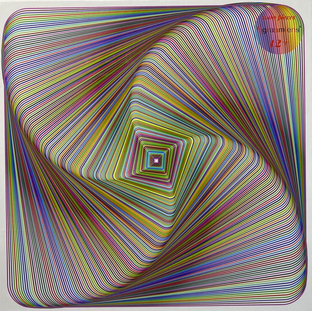 An abstract geometric design of rainbow-colored lines creating an optical illusion of a twisted, three-dimensional square.