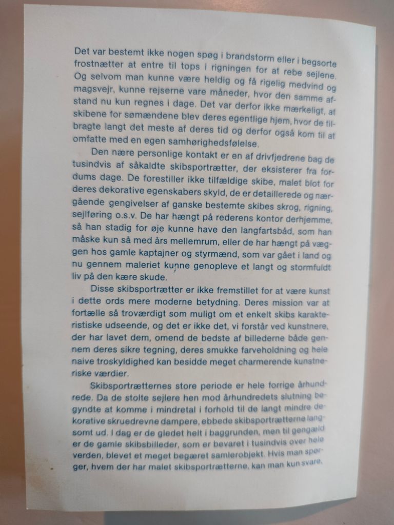 A document containing four paragraphs of Danish text regarding the history of ship portraiture.