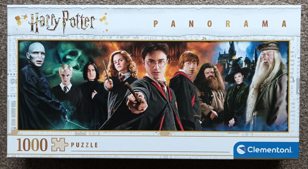 Panoramic artwork featuring characters from the Harry Potter film series including Harry, Hermione, Ron, and Voldemort.