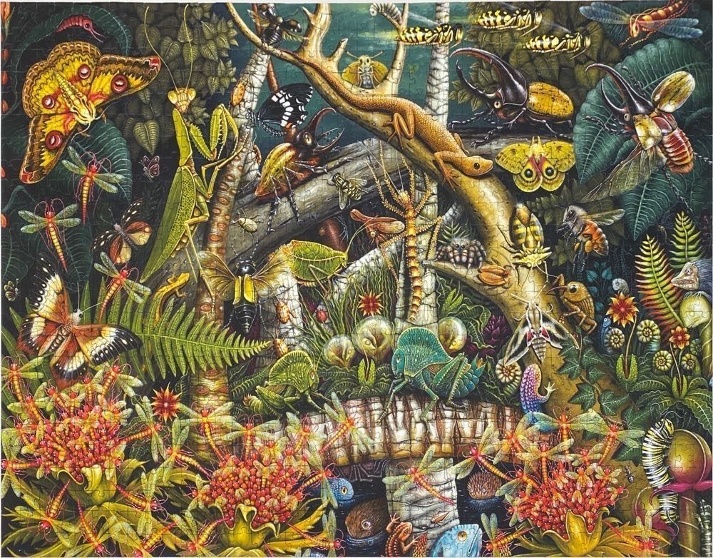 A lush, densely packed illustration featuring a variety of insects, reptiles, and flora in a tropical jungle setting.