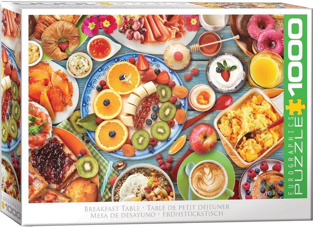 An overhead view of a colorful breakfast table spread with various foods and drinks.