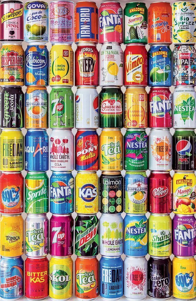 A dense grid of colorful beverage cans featuring various soda, tea, and juice brands.