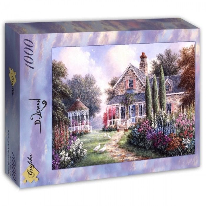 A stone cottage with a gazebo and flower garden under a soft sunset sky.