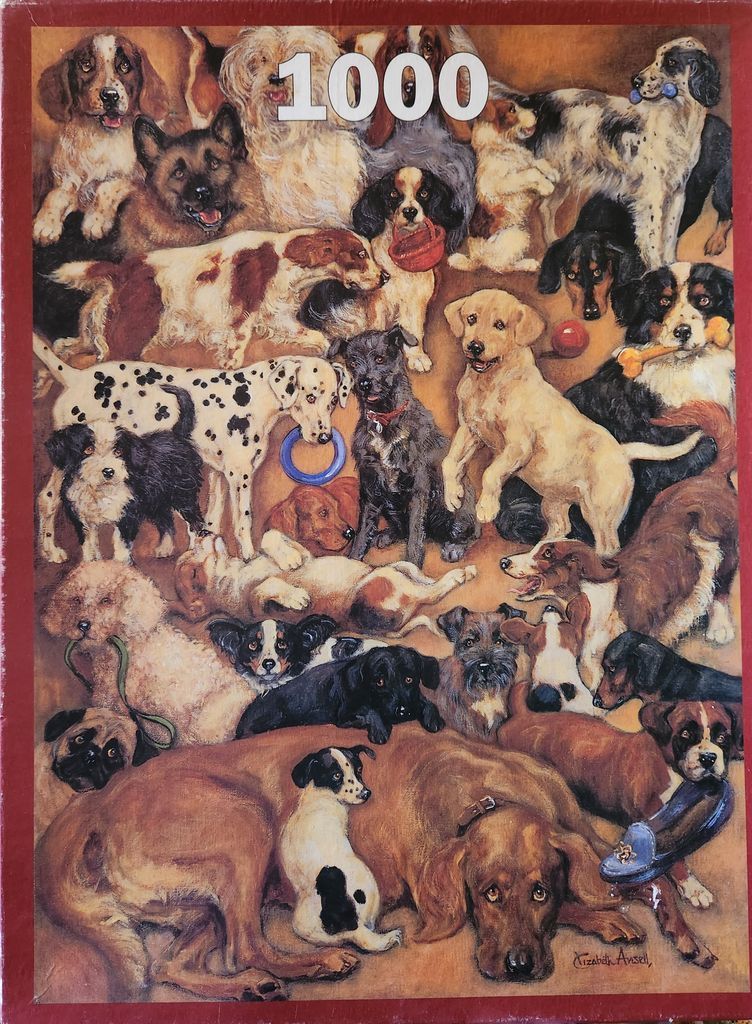 A crowded illustration of many different dog breeds playing with toys in a warm-toned setting.