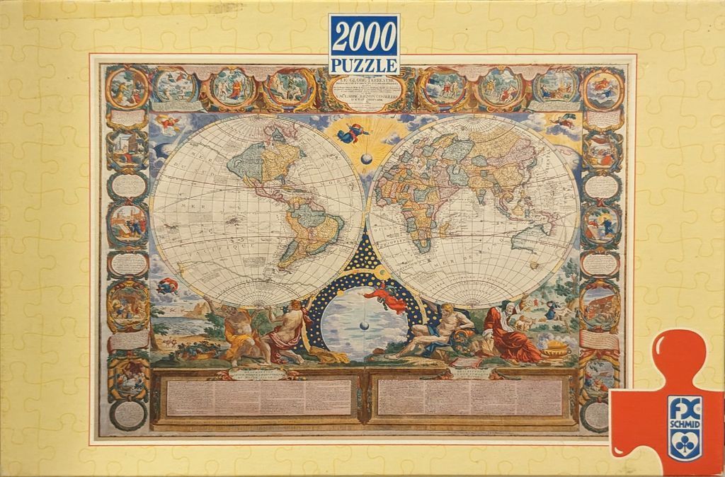 A vintage-style double-hemisphere world map featuring ornate borders, allegorical figures, and celestial details.