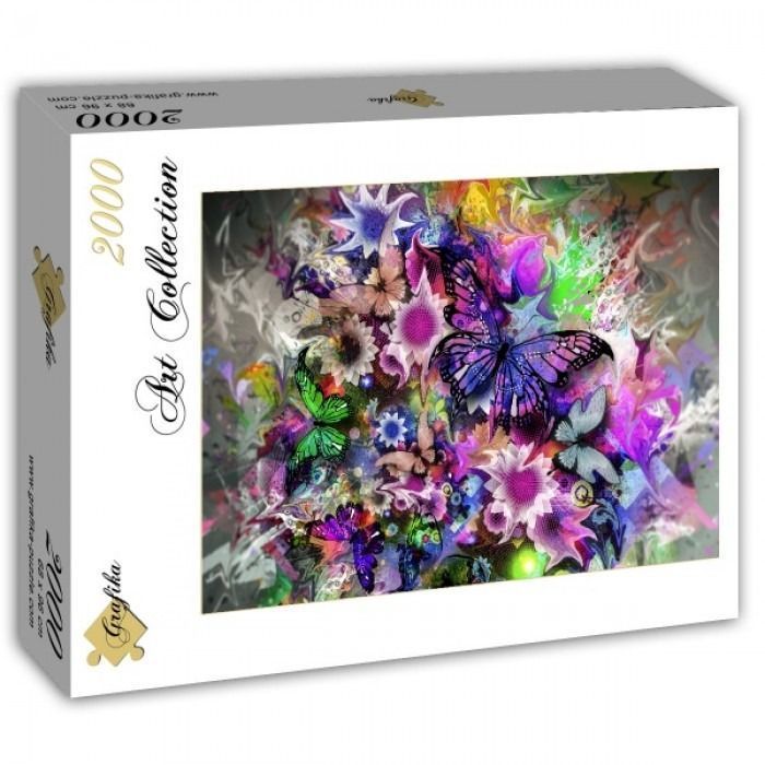 A vibrant digital art composition featuring multiple butterflies and stylized flowers in a dreamlike, colorful setting.
