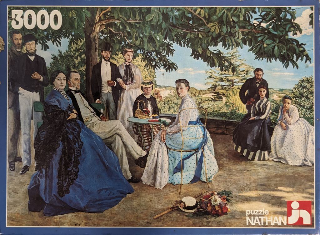 An oil painting of a group of Victorian-era men and women gathered on a sunlit terrace under large trees.