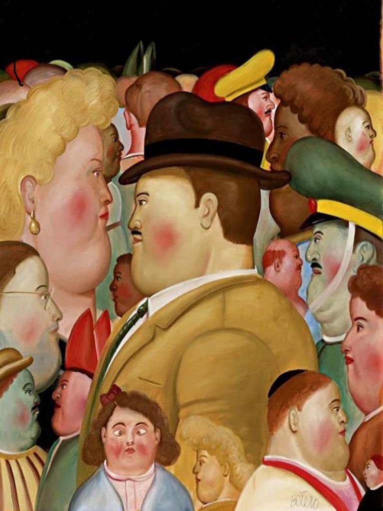 A dense crowd of people with rounded features, large bodies, and small facial features, painted in a stylized manner.