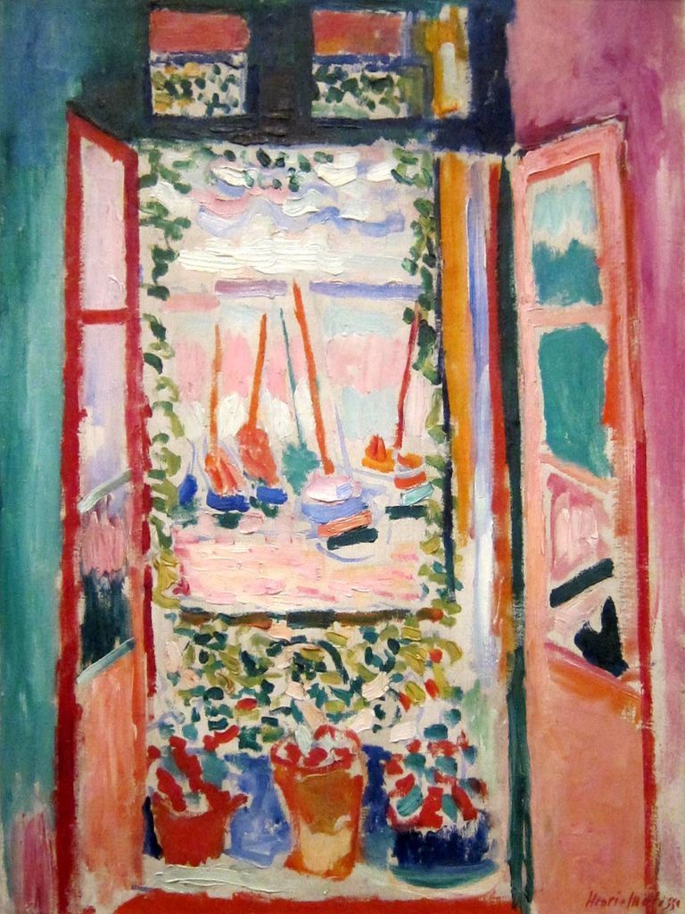 An expressionist painting of a view through an open window at a harbor with sailboats.