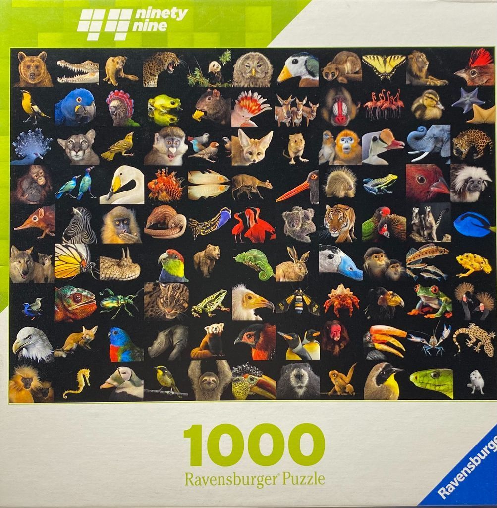 A grid of 99 high-quality portrait photographs of various wild animals against a solid black background.